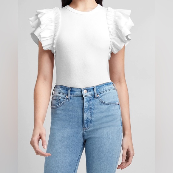 Express Tops - NWT Express Ribbed Ruffle Sleeve Tee In White Size Small